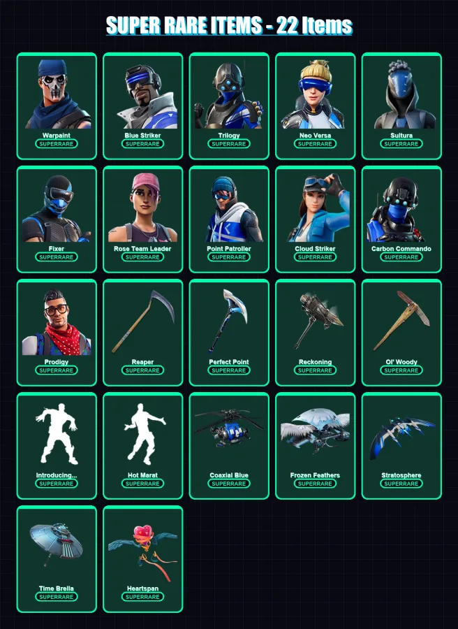 [PC] | Warpaint | Blue Striker | Trilogy | Neo Versa | Sultura | 256 skin | 258 pickaxe | 209 emote | 175 glider | Lv2237