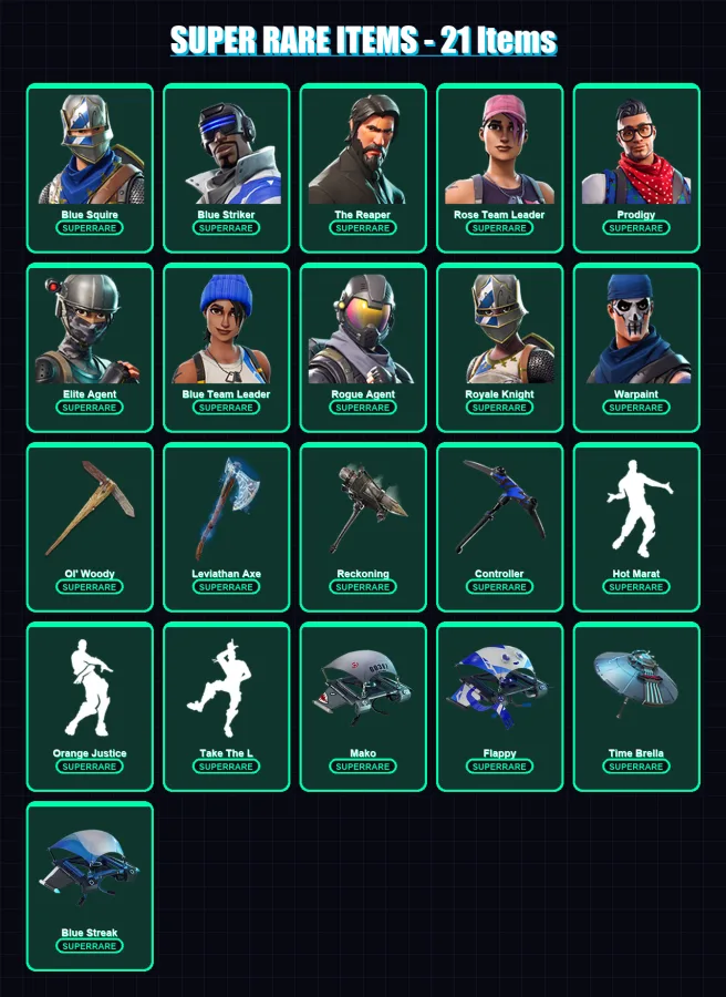 [PS4/PS5/XBOX/PC] | Blue Squire | Blue Striker | The Reaper | Rose Team Leader | Prodigy | 101 skin | 124 pickaxe | 93 emote | 123 glider | Lv1753
