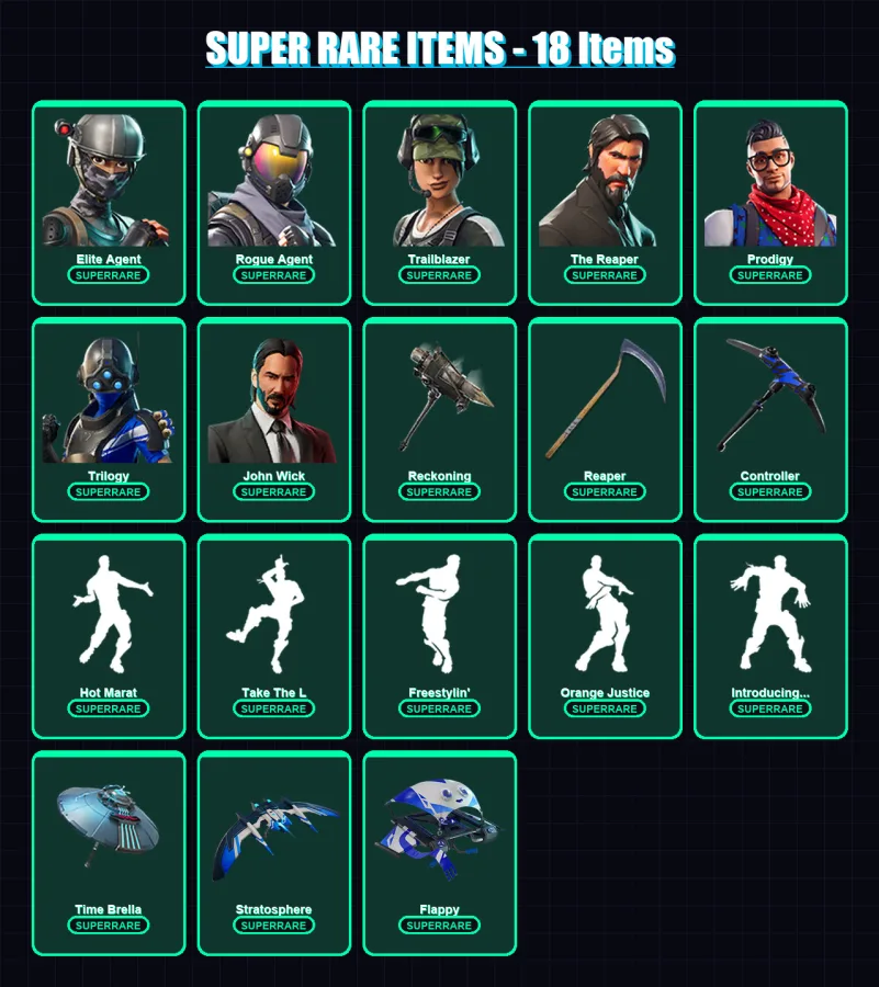 [PS4/PS5/XBOX/PC] | Elite Agent | Rogue Agent | Trailblazer | The Reaper | Prodigy | 252 skin | 224 pickaxe | 291 emote | 147 glider | Lv1598 — Fortnite account