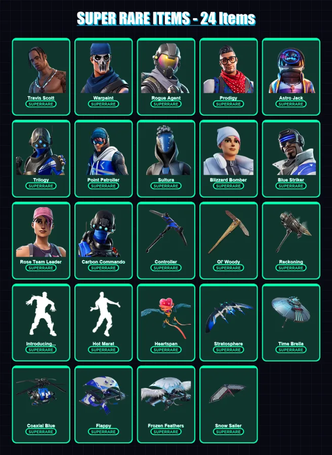 [PS4/PS5/XBOX/PC] | Travis Scott | Warpaint | Rogue Agent | Prodigy | Astro Jack | 159 skin | 159 pickaxe | 119 emote | 137 glider | Lv1433