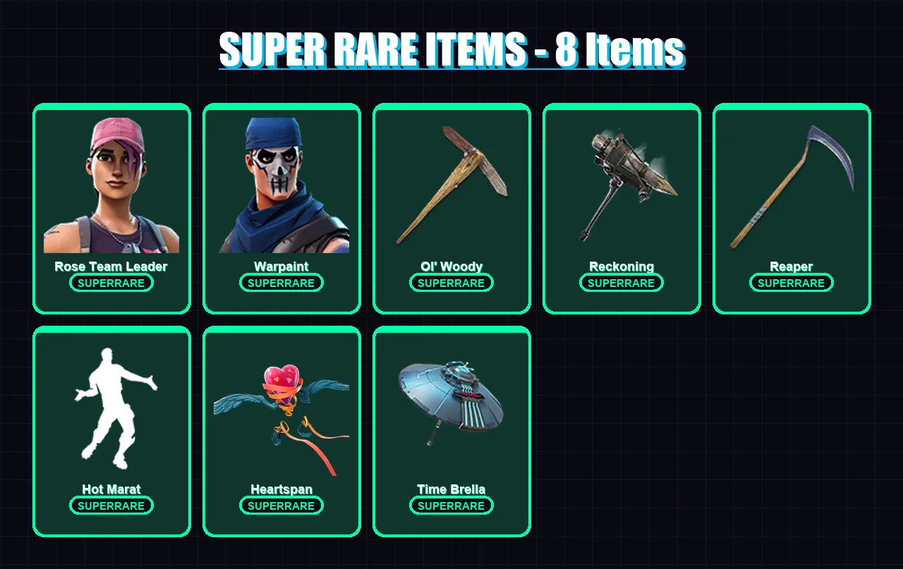 [PS4/PS5/XBOX/PC] | Rose Team Leader | Warpaint | Frozen Love Ranger | The Imagined | Calamity | 48 skin | 64 pickaxe | 44 emote | 52 glider | Lv617