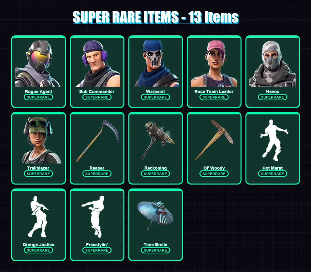 [PC/XBOX/PSN] | Rogue Agent | Sub Commander | Warpaint | Rose Team Leader | Havoc | 84 skin | 114 pickaxe | 94 emote | 94 glider | Lv1434