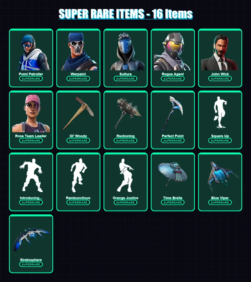 [PS4/PS5/XBOX/PC] | Point Patroller | Warpaint | Sultura | Rogue Agent | John Wick | 99 skin | 93 pickaxe | 102 emote | 96 glider | Lv1207