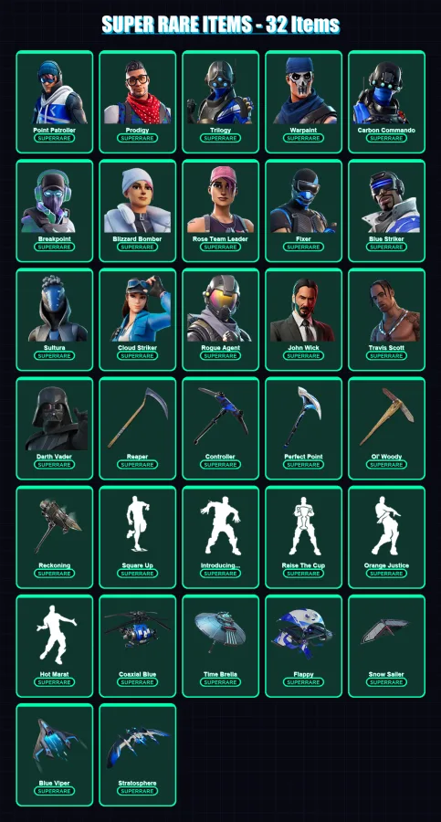 [PS4/PS5/XBOX/PC] | Point Patroller | Prodigy | Trilogy | Warpaint | Carbon Commando | 244 skin | 198 pickaxe | 188 emote | 170 glider | Lv2112 — Fortnite account