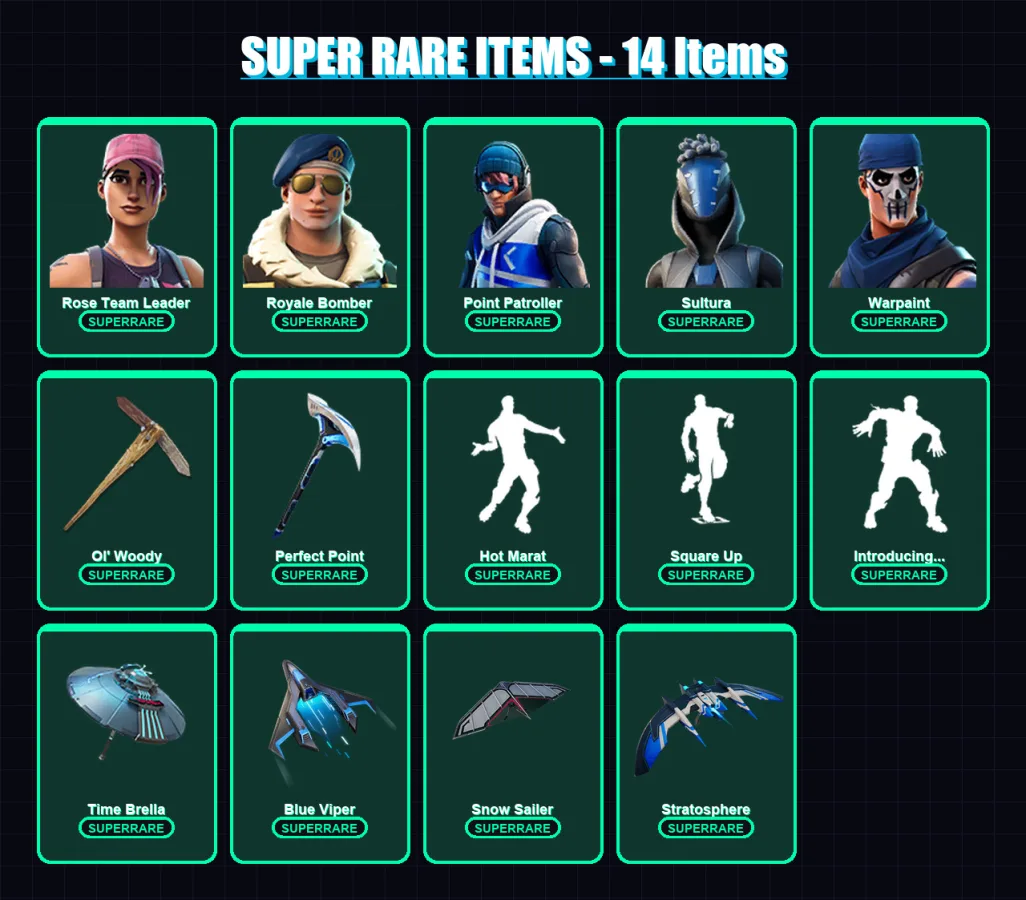 [PC/XBOX] | Rose Team Leader | Royale Bomber | Point Patroller | Sultura | Warpaint | 126 skin | 142 pickaxe | 119 emote | 115 glider | Lv1684