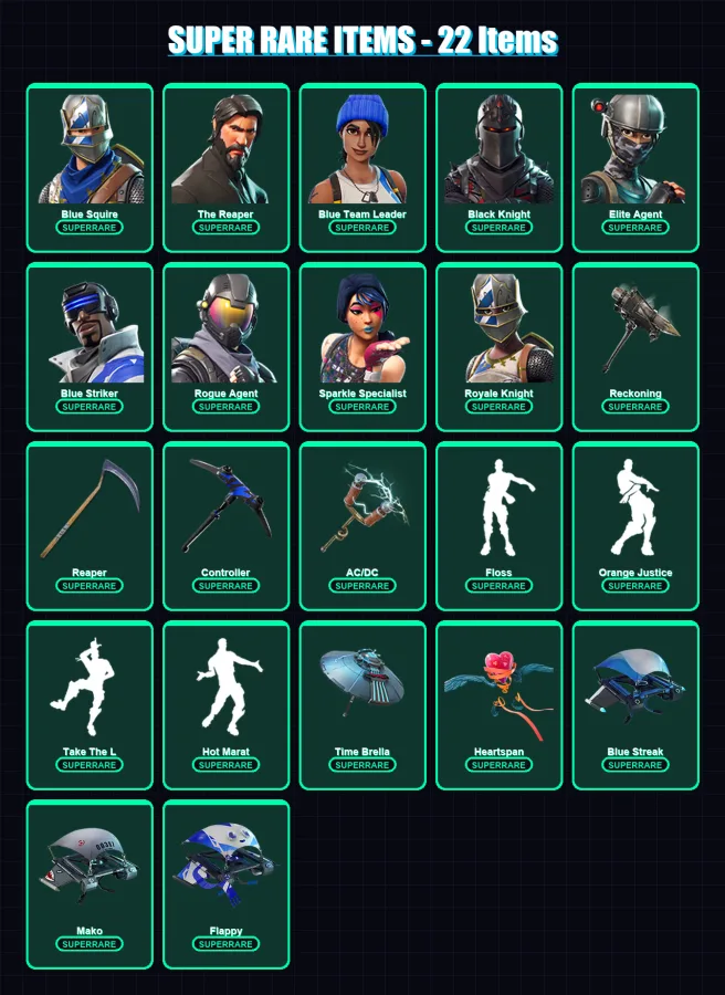 [PC] | Blue Squire | The Reaper | Blue Team Leader | Black Knight | Elite Agent | 176 skin | 209 pickaxe | 171 emote | 189 glider | Lv3272