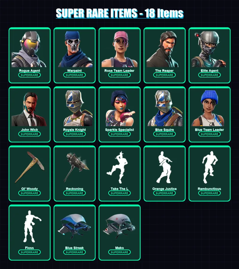 [PC/XBOX/PSN] | Rogue Agent | Warpaint | Rose Team Leader | The Reaper | Elite Agent | 95 skin | 78 pickaxe | 91 emote | 89 glider | Lv1115