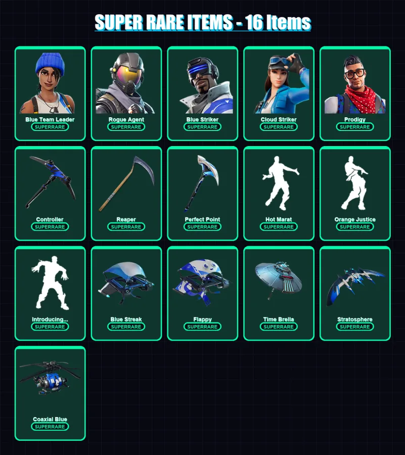 [PC/XBOX] | Blue Team Leader | Rogue Agent | Blue Striker | Cloud Striker | Prodigy | 102 skin | 187 pickaxe | 145 emote | 156 glider | Lv3114