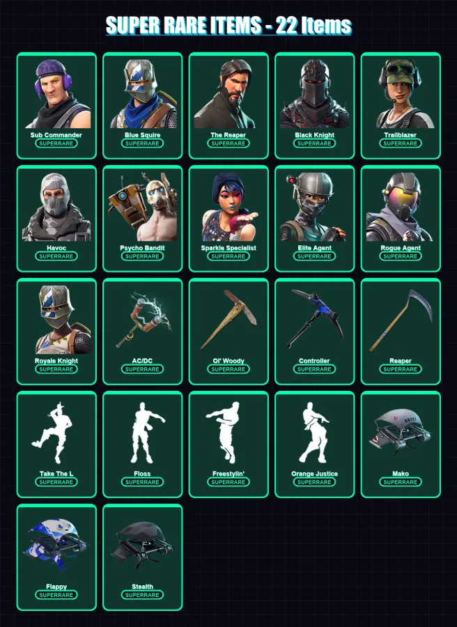[PC/XBOX/PSN] | Sub Commander | Blue Squire | The Reaper | Black Knight | Trailblazer | 45 skin | 72 pickaxe | 61 emote | 65 glider | Lv927