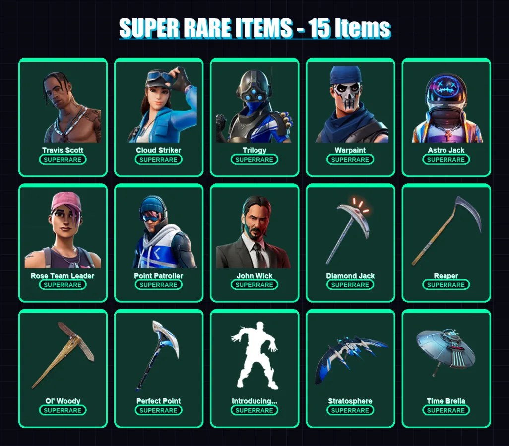 [PC] | Polo Prodigy | Travis Scott | Cloud Striker | Trilogy | Warpaint | 190 skin | 166 pickaxe | 156 emote | 111 glider | Lv2044