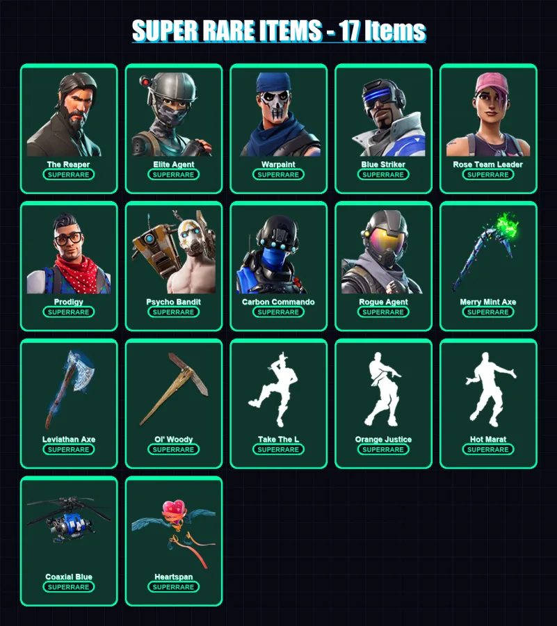 [PC/XBOX/PSN] | The Reaper | Elite Agent | Warpaint | Blue Striker | Rose Team Leader | 107 skin | 91 pickaxe | 81 emote | 77 glider | Lv1178