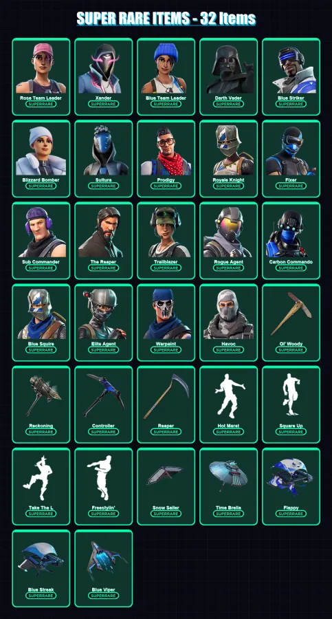 [PC/XBOX/PSN] | Rose Team Leader | Xander | Blue Team Leader | Darth Vader | Blue Striker | 288 skin | 273 pickaxe | 246 emote | 193 glider | Lv2627