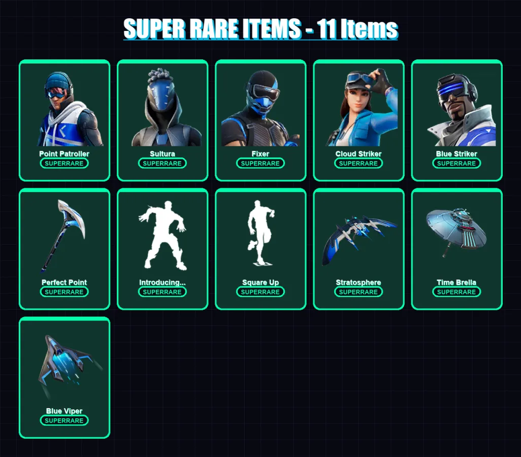 [PS4/PS5/XBOX/PC] | Point Patroller | Sultura | Fixer | Cloud Striker | Blue Striker | 97 skin | 102 pickaxe | 65 emote | 95 glider | Lv1618