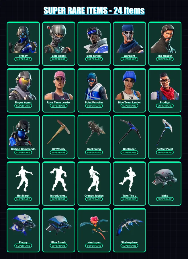 [PS4/PS5/XBOX/PC] | Trilogy | Elite Agent | Blue Striker | Warpaint | The Reaper | 105 skin | 85 pickaxe | 90 emote | 93 glider | Lv1386