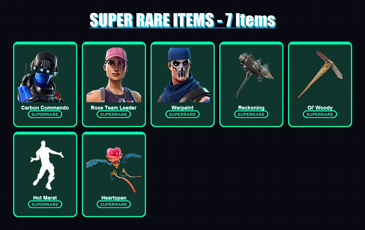 [PC] | Carbon Commando | Rose Team Leader | Warpaint | The Prisoner | The Ice King | 88 skin | 80 pickaxe | 74 emote | 69 glider | Lv1035