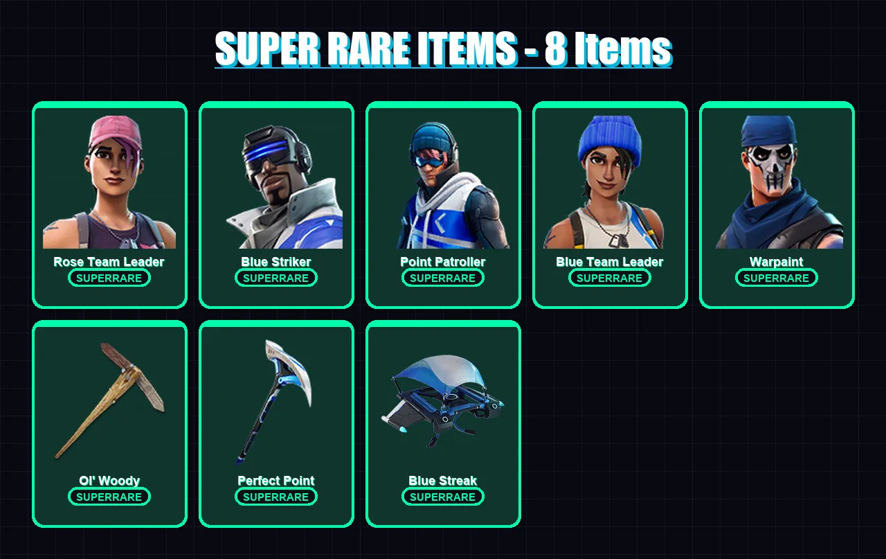 [PS4/PS5/XBOX/PC] | Rose Team Leader | Blue Striker | Point Patroller | Blue Team Leader | Warpaint | 5 skin | 11 pickaxe | 6 emote | 5 glider | Lv3