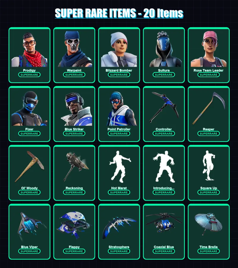 [PS4/PS5/XBOX/PC] | Prodigy | Warpaint | Blizzard Bomber | Sultura | Rose Team Leader | 95 skin | 124 pickaxe | 101 emote | 113 glider | Lv1619