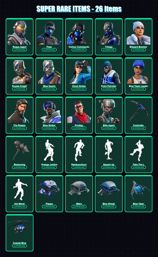 [PS4/PS5/XBOX/PC] | Rogue Agent | Fixer | Carbon Commando | Trilogy | Blizzard Bomber | 100 skin | 66 pickaxe | 93 emote | 73 glider | Lv914