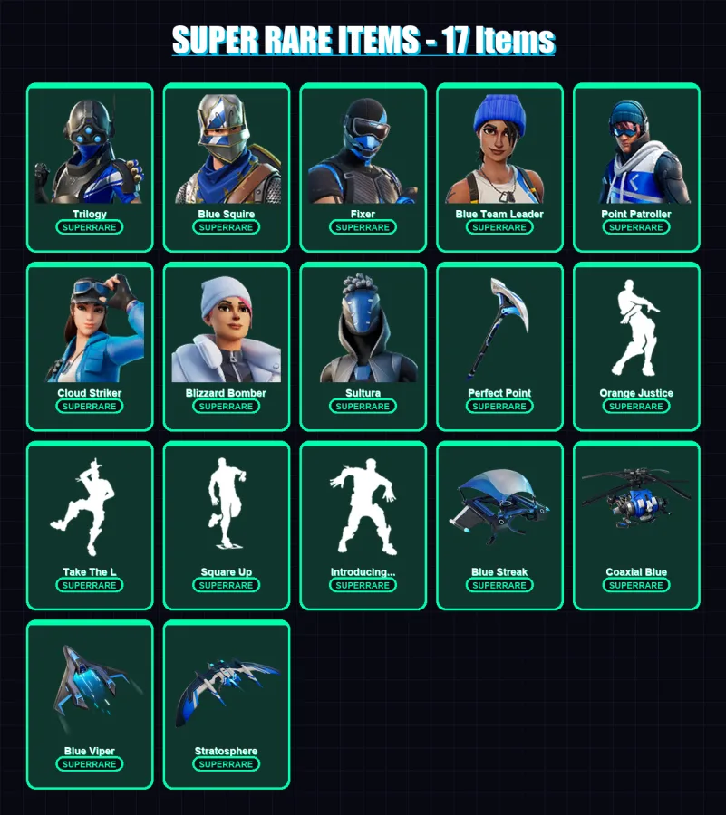 [PS4/PS5/XBOX/PC] | Trilogy | Blue Squire | Fixer | Blue Team Leader | Point Patroller | 74 skin | 79 pickaxe | 53 emote | 72 glider | Lv1120