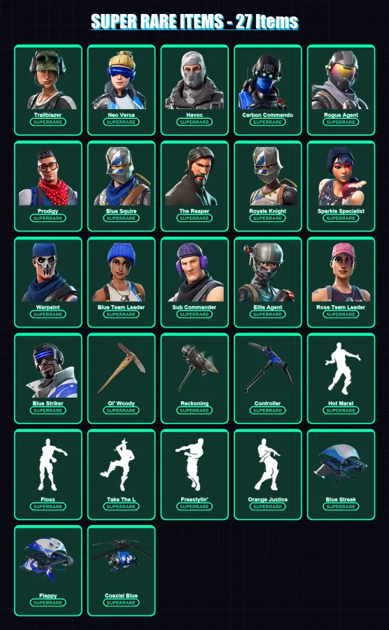 [PS4/PS5/XBOX/PC] | Trailblazer | Neo Versa | Havoc | Carbon Commando | Rogue Agent | 93 skin | 67 pickaxe | 88 emote | 78 glider | Lv1041