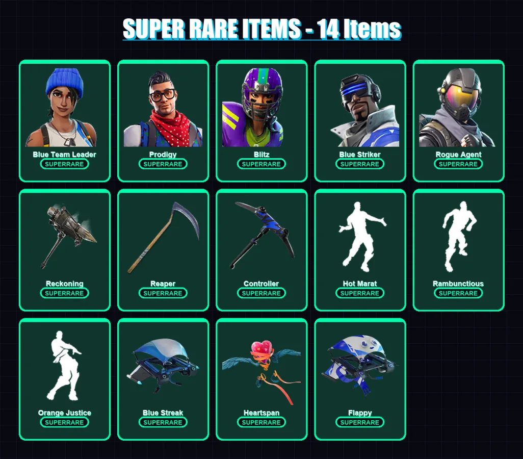 [PS4/PS5/XBOX/PC] | Blue Team Leader | Prodigy | Blitz | Blue Striker | Rogue Agent | 72 skin | 50 pickaxe | 68 emote | 64 glider | Lv887
