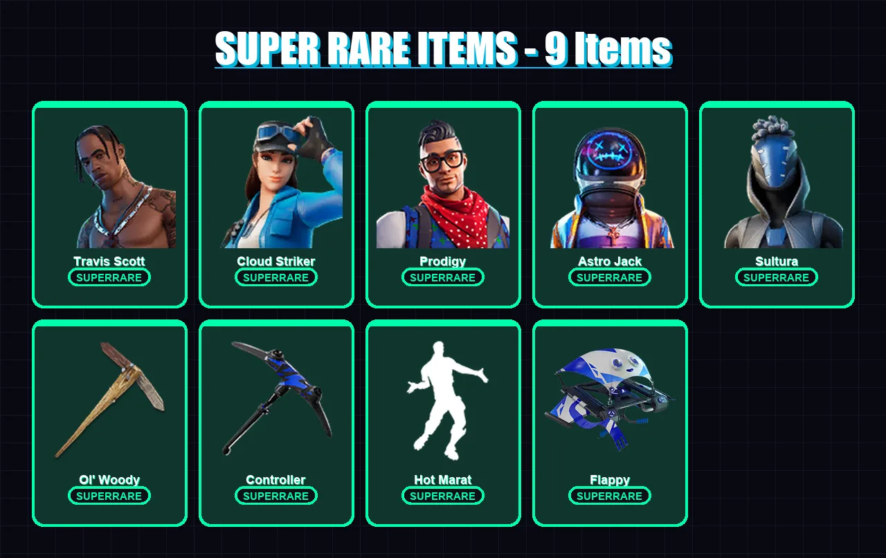 [PS4/PS5/XBOX/PC] | Travis Scott | Cloud Striker | Prodigy | Astro Jack | Sultura | 94 skin | 78 pickaxe | 70 emote | 64 glider | Lv1079