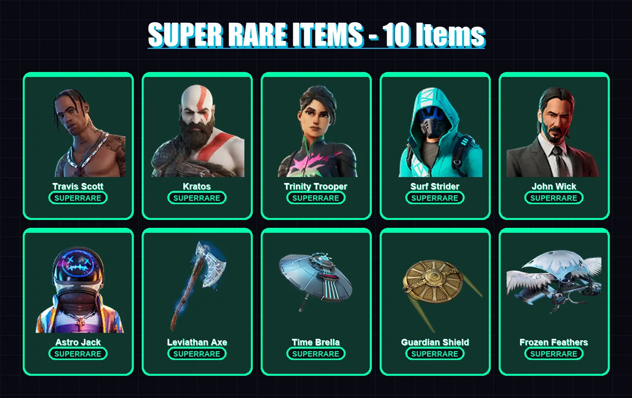 [PC/XBOX/PSN] | Travis Scott | Kratos | Trinity Trooper | Surf Strider | John Wick | 330 skin | 233 pickaxe | 137 emote | 165 glider | Lv2402