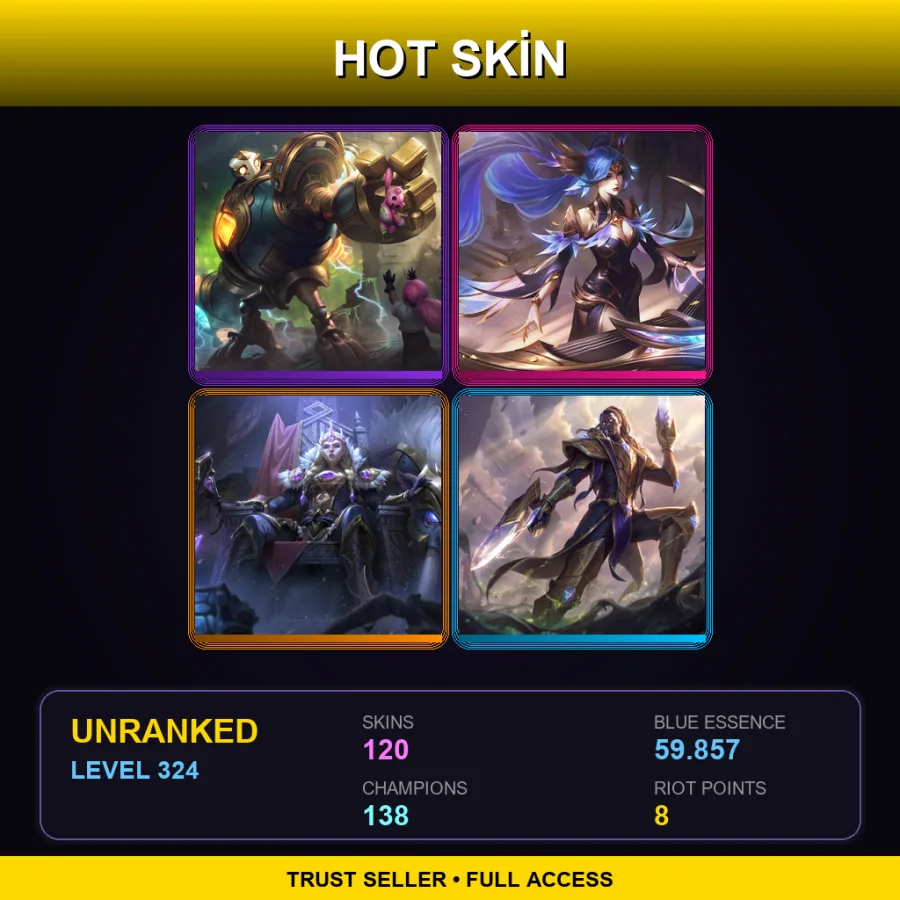 LAN | Lv324 | Unranked | 120 Skin | 138 Champ — LoL account