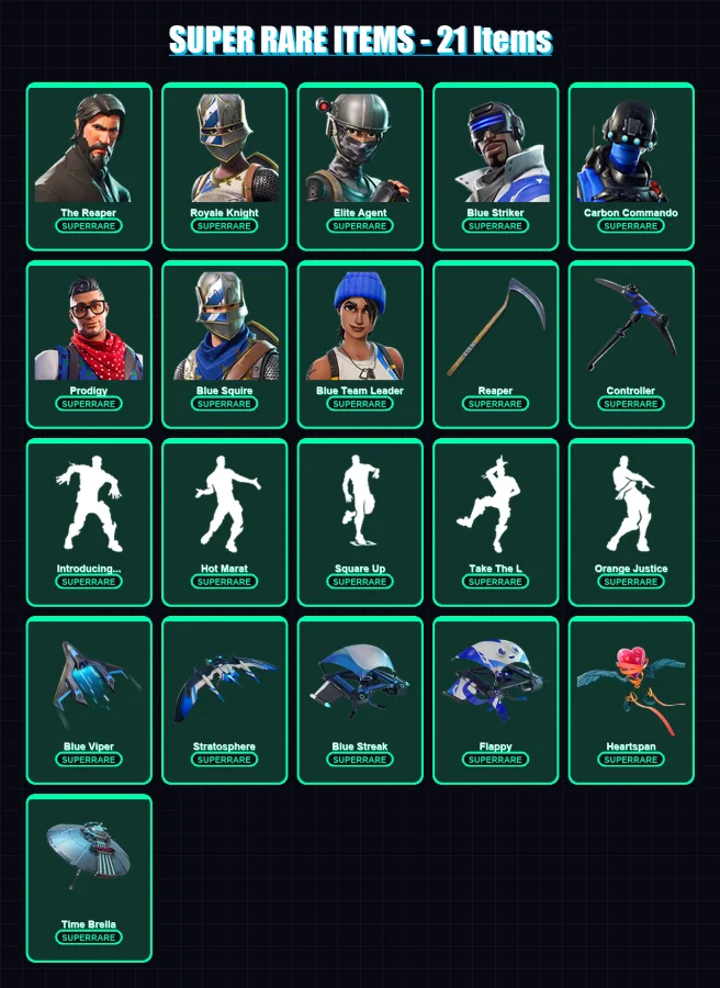 [PC/XBOX/PSN] | The Reaper | Royale Knight | Elite Agent | Blue Striker | Carbon Commando | 115 skin | 80 pickaxe | 87 emote | 81 glider | Lv1177
