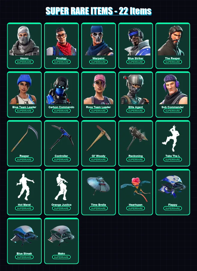 [PS4/PS5/XBOX/PC] | Havoc | Prodigy | Warpaint | Blue Striker | The Reaper | 93 skin | 89 pickaxe | 84 emote | 87 glider | Lv1207