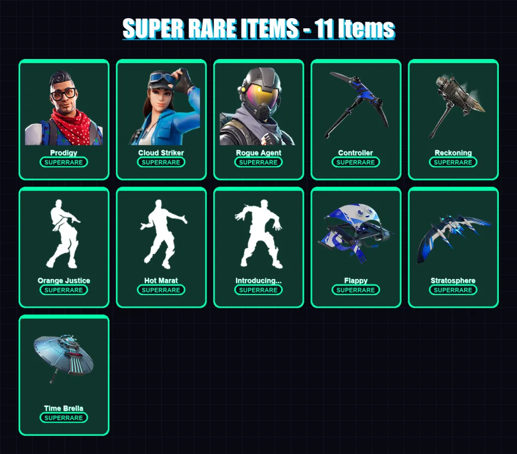 [PS4/PS5/PC] | Prodigy | Cloud Striker | Rogue Agent | Midas | Rox | 186 skin | 187 pickaxe | 195 emote | 171 glider | Lv1950