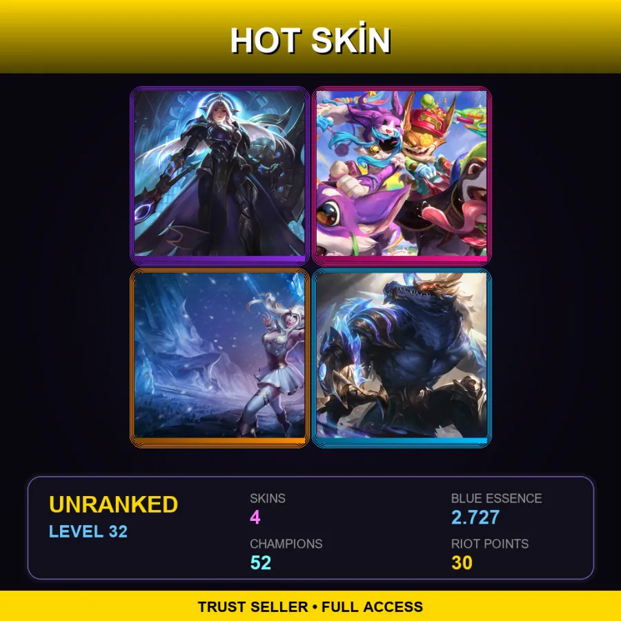 EUW | Lv32 | Unranked | 4 Skin | 52 Champ
