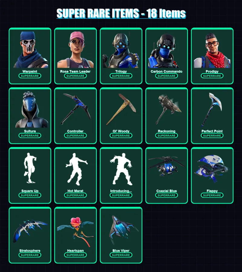 [PS4/PS5/XBOX/PC] | Warpaint | Rose Team Leader | Trilogy | Carbon Commando | Prodigy | 66 skin | 62 pickaxe | 69 emote | 58 glider | Lv633 — Fortnite account