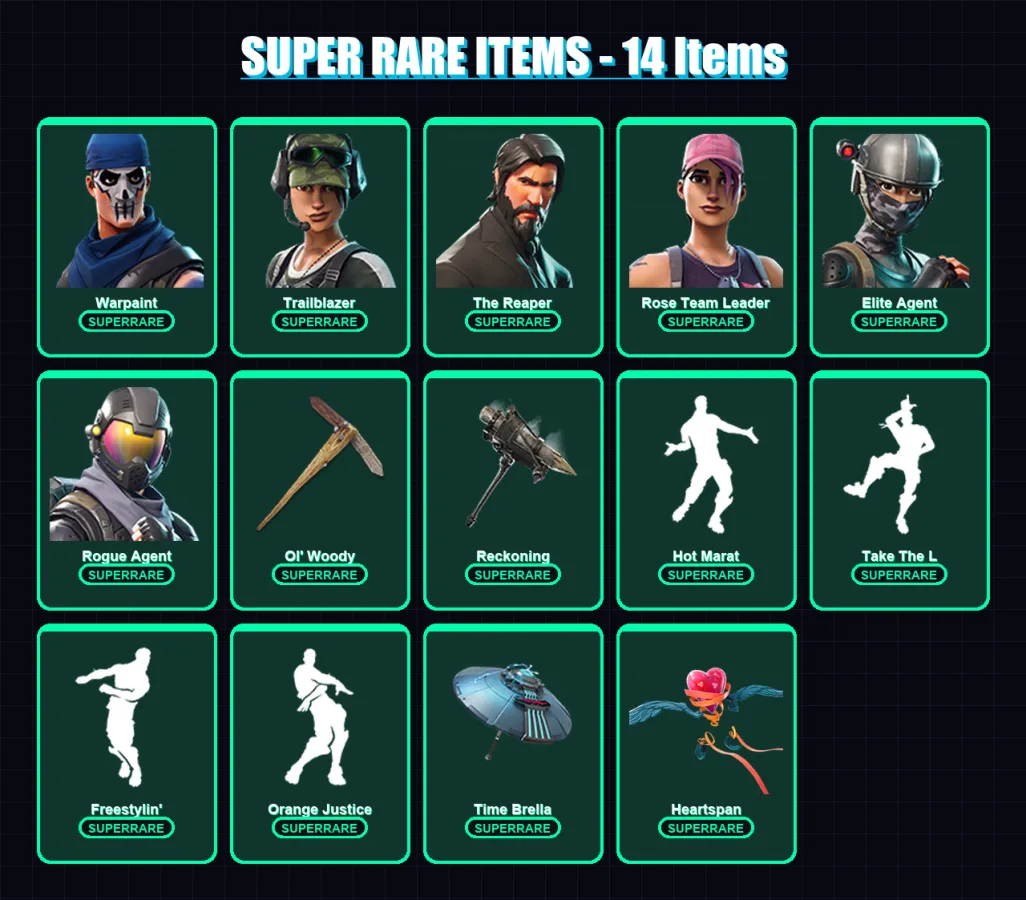 [PC/PSN] | Warpaint | Trailblazer | The Reaper | Rose Team Leader | Elite Agent | 94 skin | 72 pickaxe | 92 emote | 76 glider | Lv1057