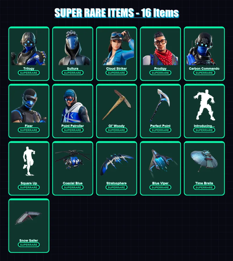 [PS4/PS5/XBOX/PC] | Trilogy | Sultura | Cloud Striker | Prodigy | Carbon Commando | 51 skin | 94 pickaxe | 78 emote | 82 glider | Lv1234