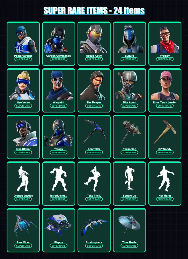 [PS4/PS5/XBOX/PC] | Point Patroller | Carbon Commando | Rogue Agent | Sultura | Prodigy | 136 skin | 140 pickaxe | 135 emote | 124 glider | Lv1961