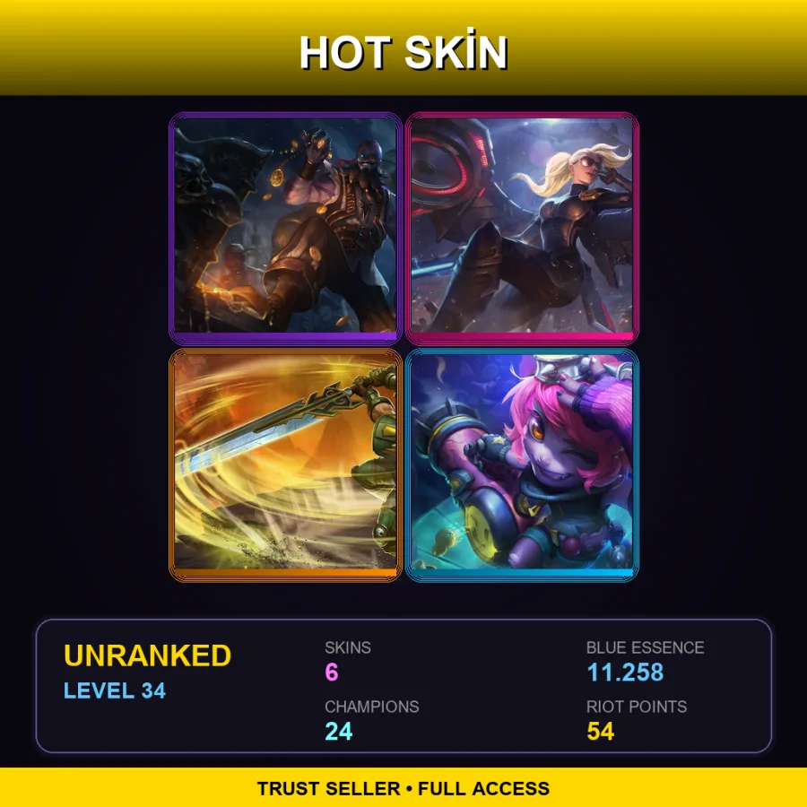 LAS | Pirate Ryze | Riot Kayle | Commando Garen | Riot Girl Tristana | 6 Skin | 24 Champ | Lv34