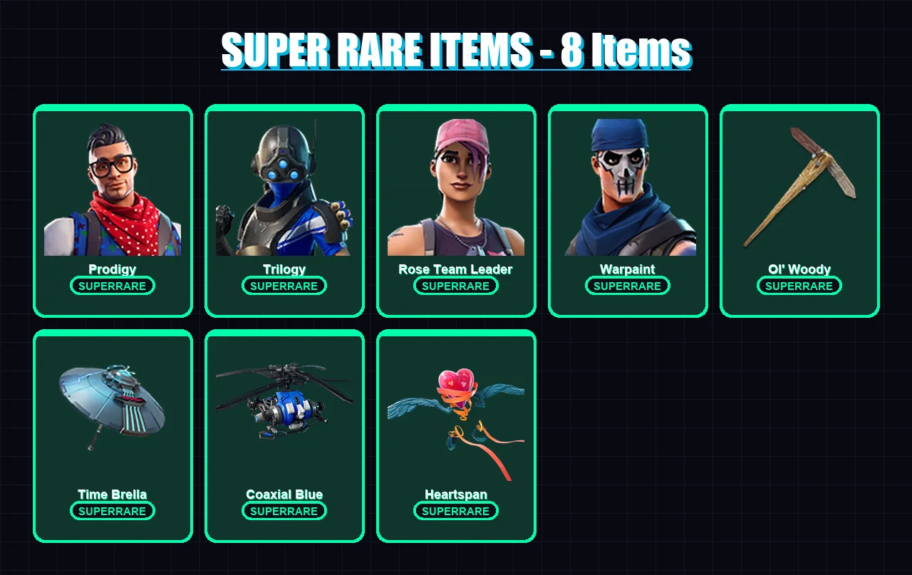 [PC/XBOX] | Prodigy | Trilogy | Rose Team Leader | Warpaint | Blackheart | 76 skin | 88 pickaxe | 84 emote | 94 glider | Lv1434