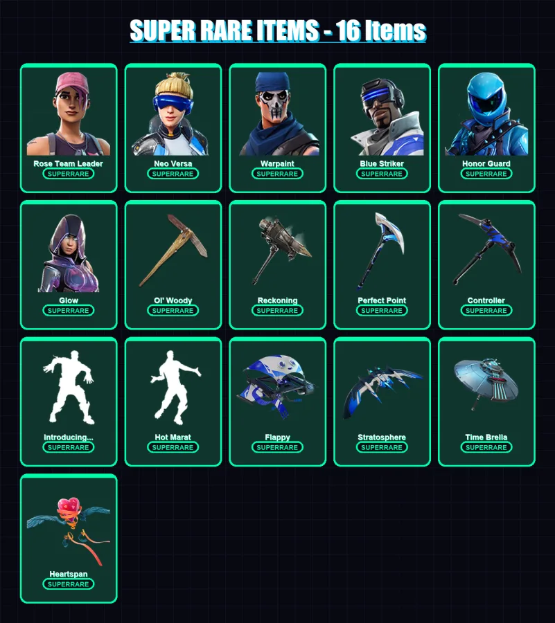 [PC/XBOX/PSN] | Rose Team Leader | Neo Versa | Warpaint | Blue Striker | Honor Guard | 156 skin | 189 pickaxe | 149 emote | 165 glider | Lv2420