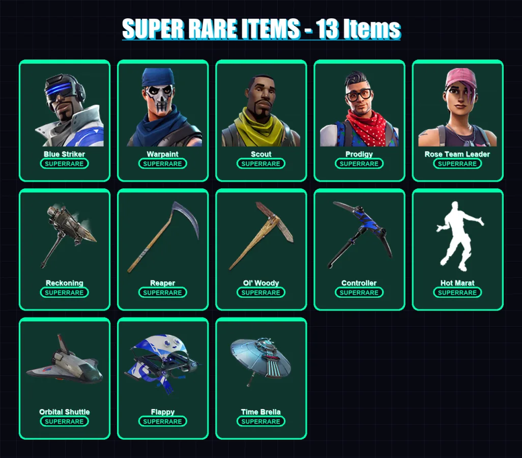 [PS4/PS5/XBOX/PC] | Blue Striker | Warpaint | Scout | Prodigy | Rose Team Leader | 70 skin | 75 pickaxe | 71 emote | 82 glider | Lv1252