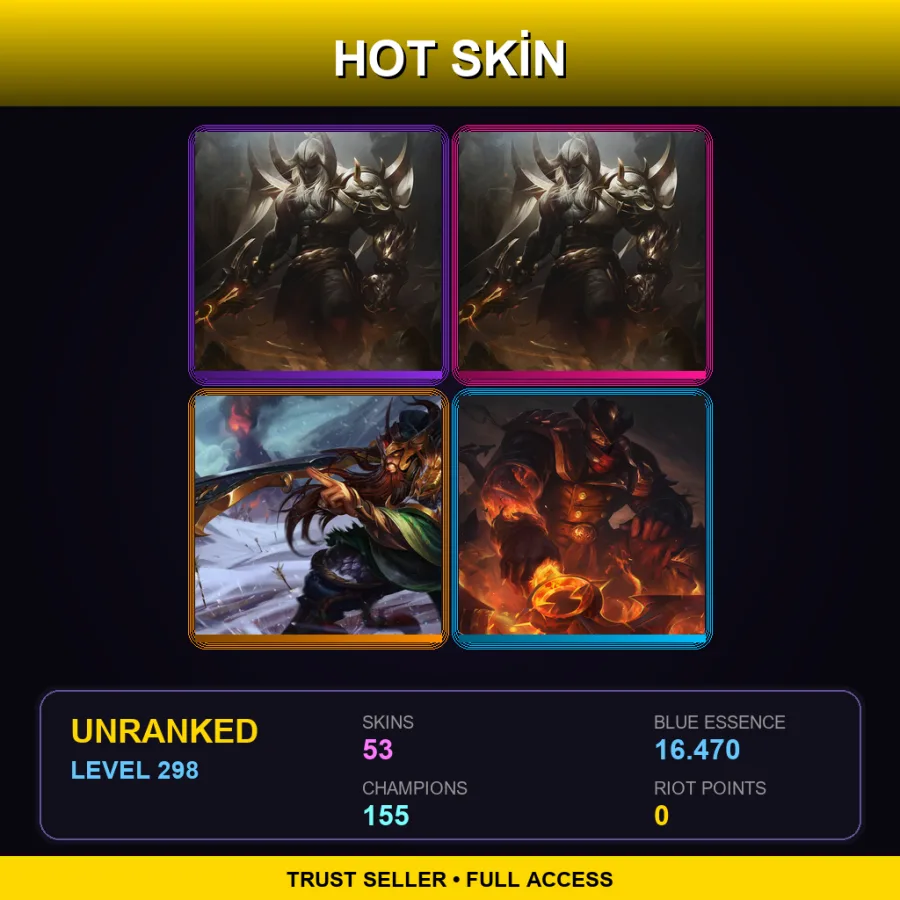 LAN | Lv298 | Unranked | 53 Skin | 155 Champ — LoL account