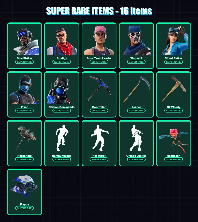 [PC/XBOX] | Blue Striker | Prodigy | Rose Team Leader | Warpaint | Cloud Striker | 63 skin | 46 pickaxe | 64 emote | 53 glider | Lv599 — Fortnite account