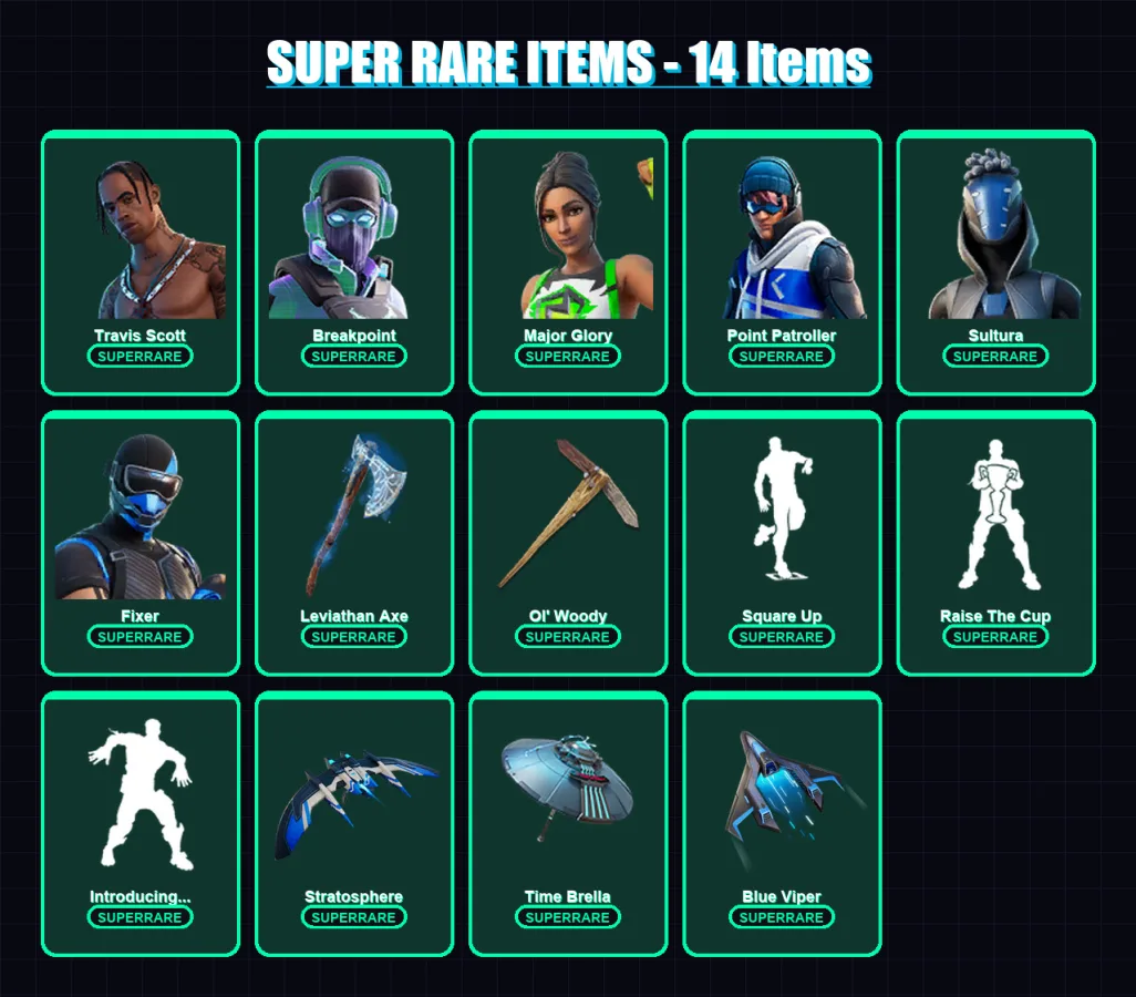[PC/XBOX/PSN] | Travis Scott | Breakpoint | Major Glory | Point Patroller | Sultura | 209 skin | 244 pickaxe | 160 emote | 174 glider | Lv3322