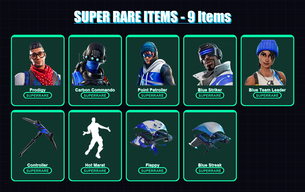 [PS4/PS5/XBOX/PC] | Prodigy | Carbon Commando | Point Patroller | Blue Striker | Blue Team Leader | 6 skin | 13 pickaxe | 17 emote | 22 glider | Lv3