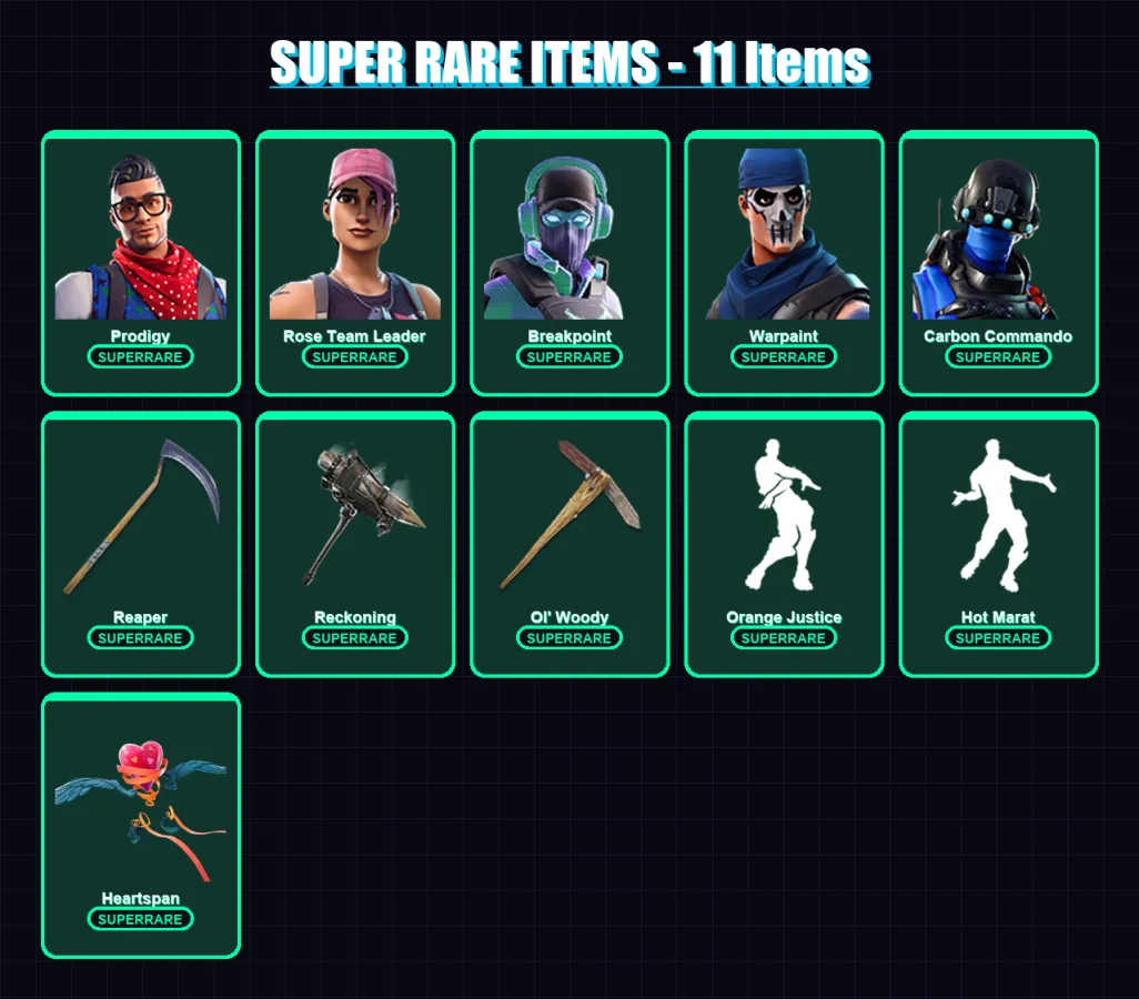 [PS4/PS5/XBOX/PC] | Prodigy | Rose Team Leader | Breakpoint | Warpaint | Carbon Commando | 98 skin | 81 pickaxe | 73 emote | 65 glider | Lv946