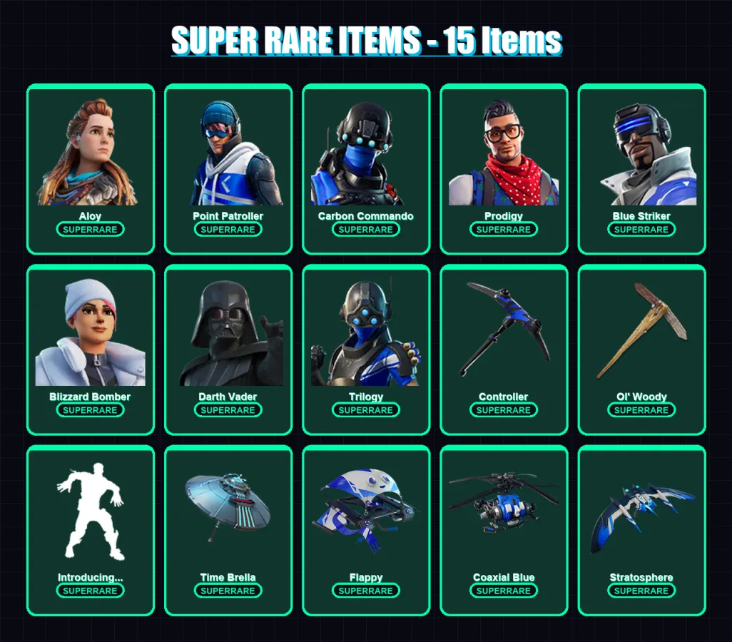 [PS4/PS5/XBOX/PC] | Aloy | Point Patroller | Carbon Commando | Prodigy | Blue Striker | 188 skin | 155 pickaxe | 96 emote | 128 glider | Lv1599 — Fortnite account