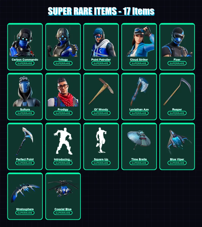 [PS4/PS5/XBOX/PC] | Carbon Commando | Trilogy | Point Patroller | Cloud Striker | Fixer | 160 skin | 189 pickaxe | 151 emote | 142 glider | Lv1938