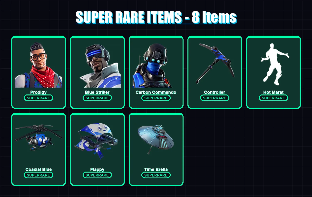 [PS4/PS5/XBOX/PC] | Prodigy | Blue Striker | Carbon Commando | Luxe | Ronin | 105 skin | 112 pickaxe | 105 emote | 116 glider | Lv1855