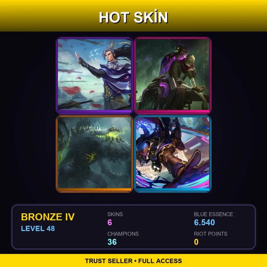 TR | Eternal Sword Yi | Arcane Shimmer Lab Singed | Broken Covenant Cho'Gath | Soul Fighter Pyke | 6 Skin | 36 Champ | Bronze IV | Lv48