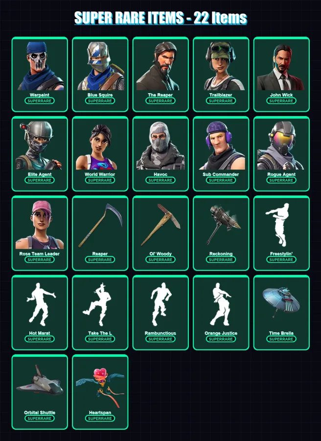 [PS4/PS5/XBOX/PC] | Warpaint | Blue Squire | The Reaper | Trailblazer | John Wick | 183 skin | 111 pickaxe | 150 emote | 95 glider | Lv822